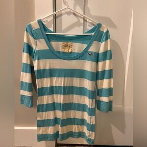 Hollister 3/4 Sleeve Scoop Neck Aqua and White Striped  Shirt